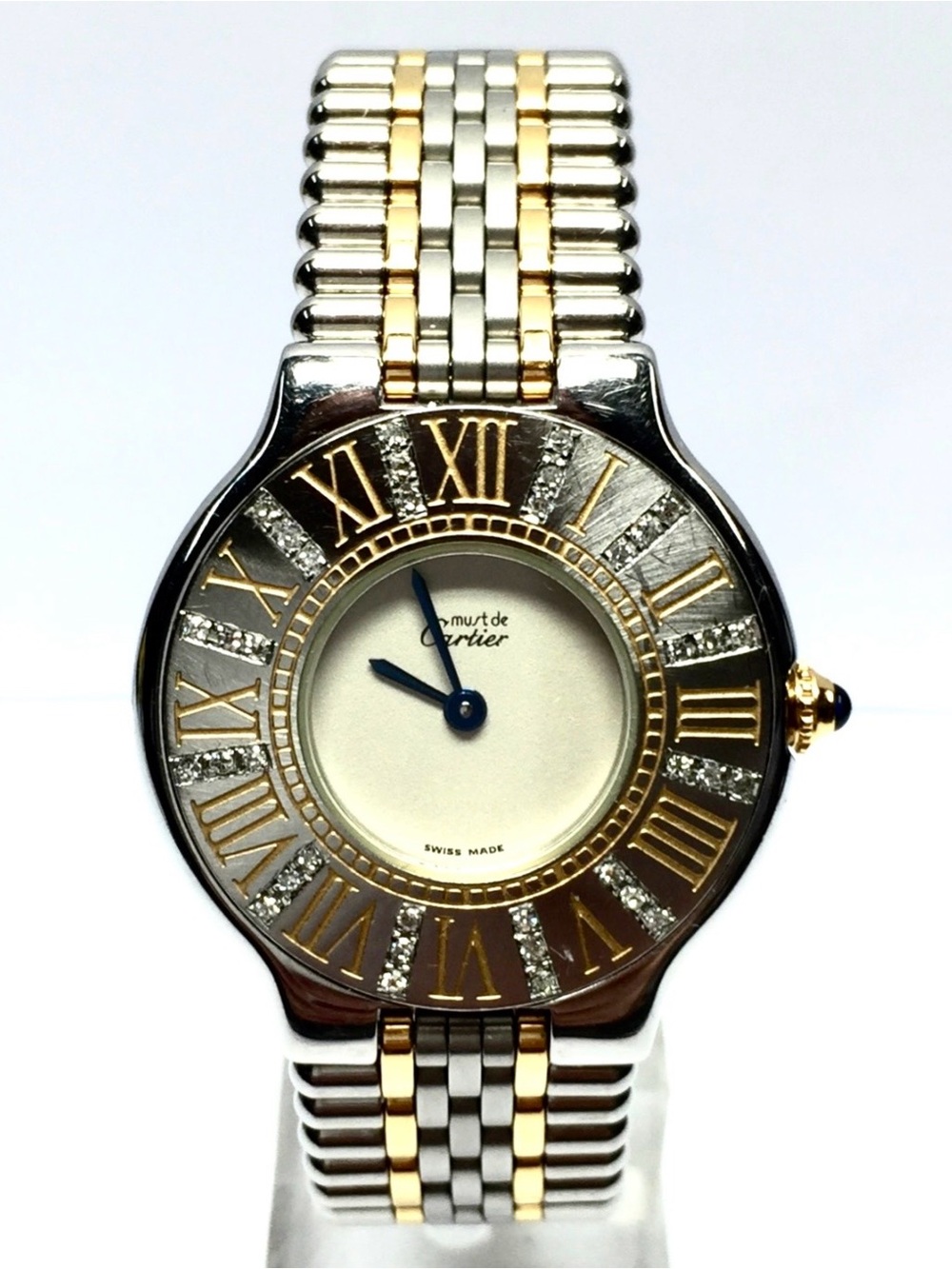 CARTIER MUST 21 Quartz 28mm 2 Tone ~0.5TCW Diamond Watch Cream Dial